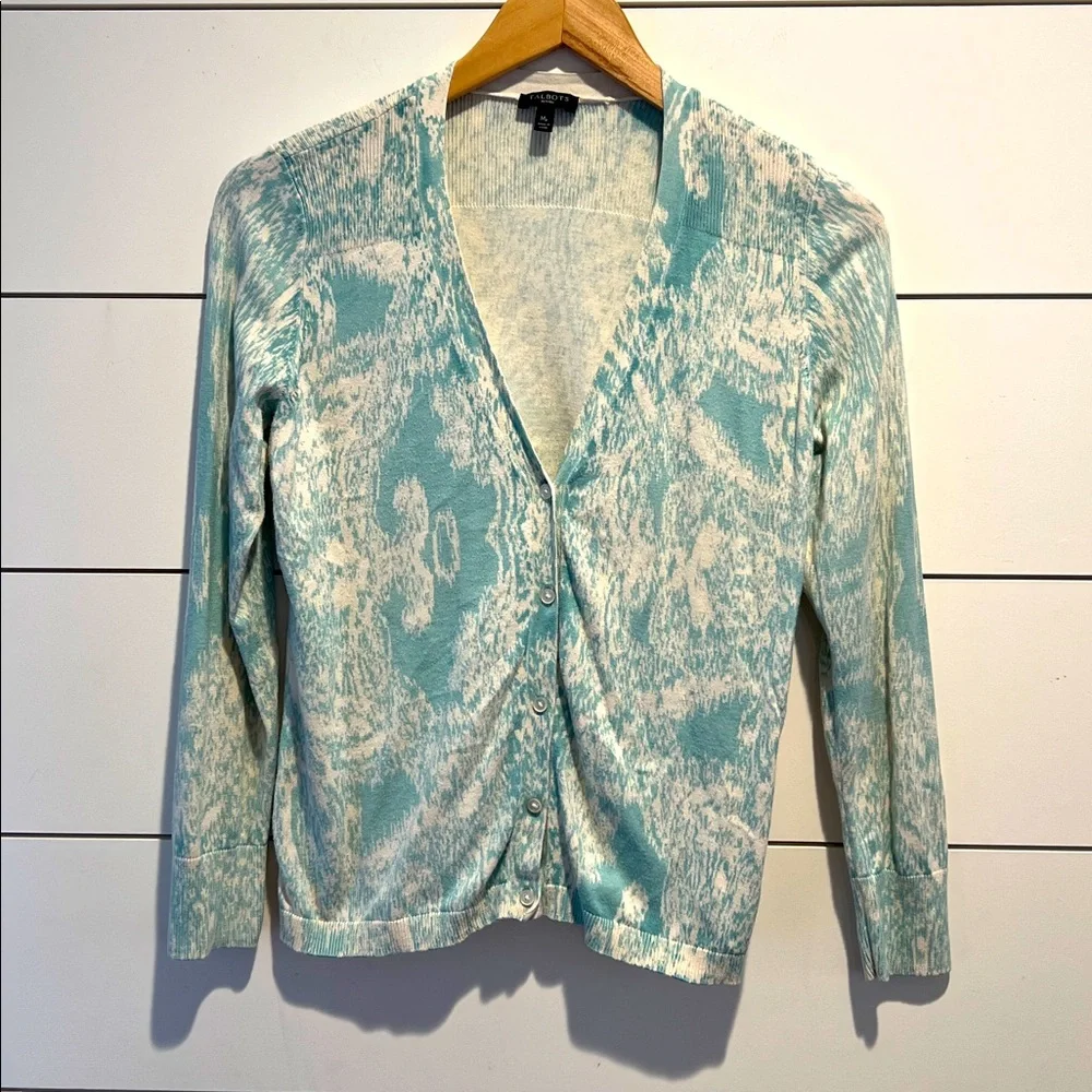Talbots blue floral lightweight Cardigan Butterflies - Sz. Petite medium - Picture 1 of 6
